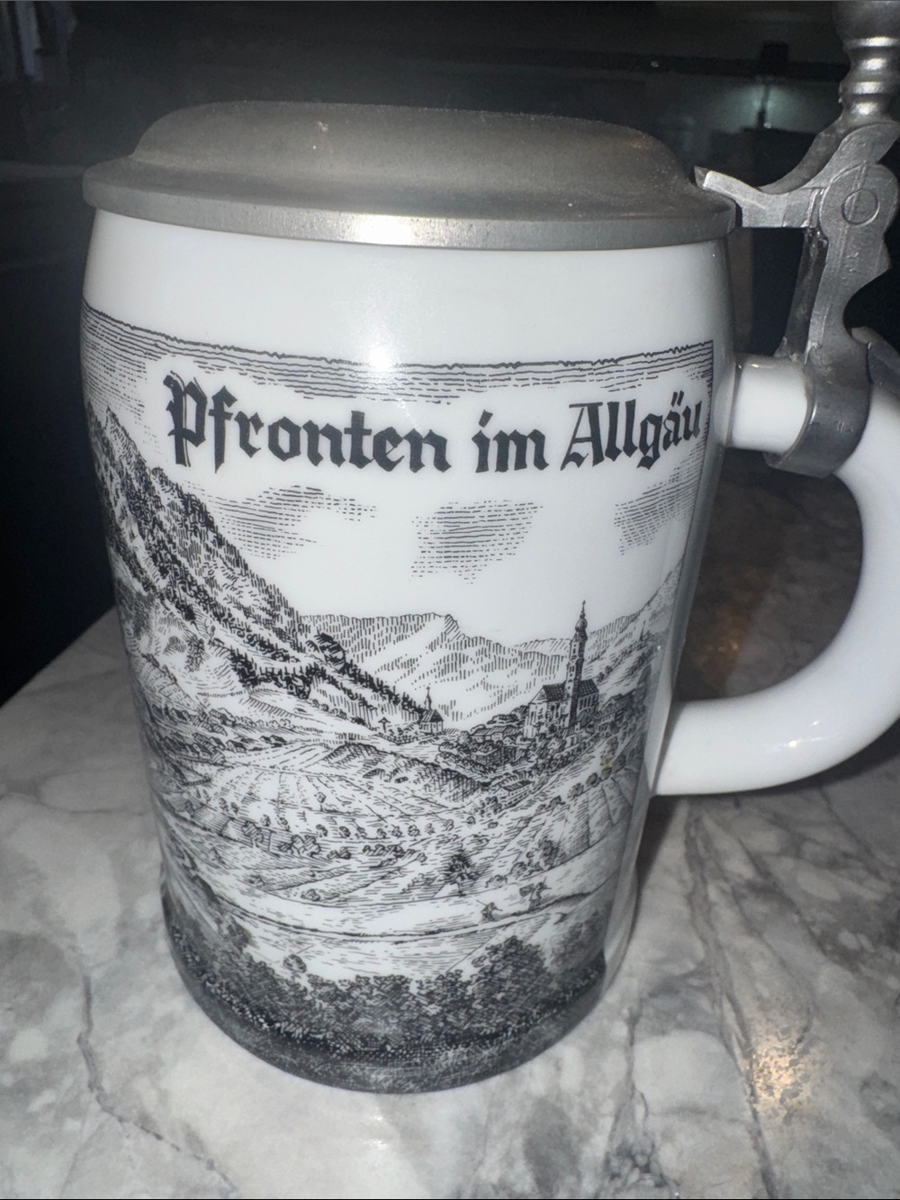 Pfronten im Allgäu Ceramic Stein with Pewter Lid - White